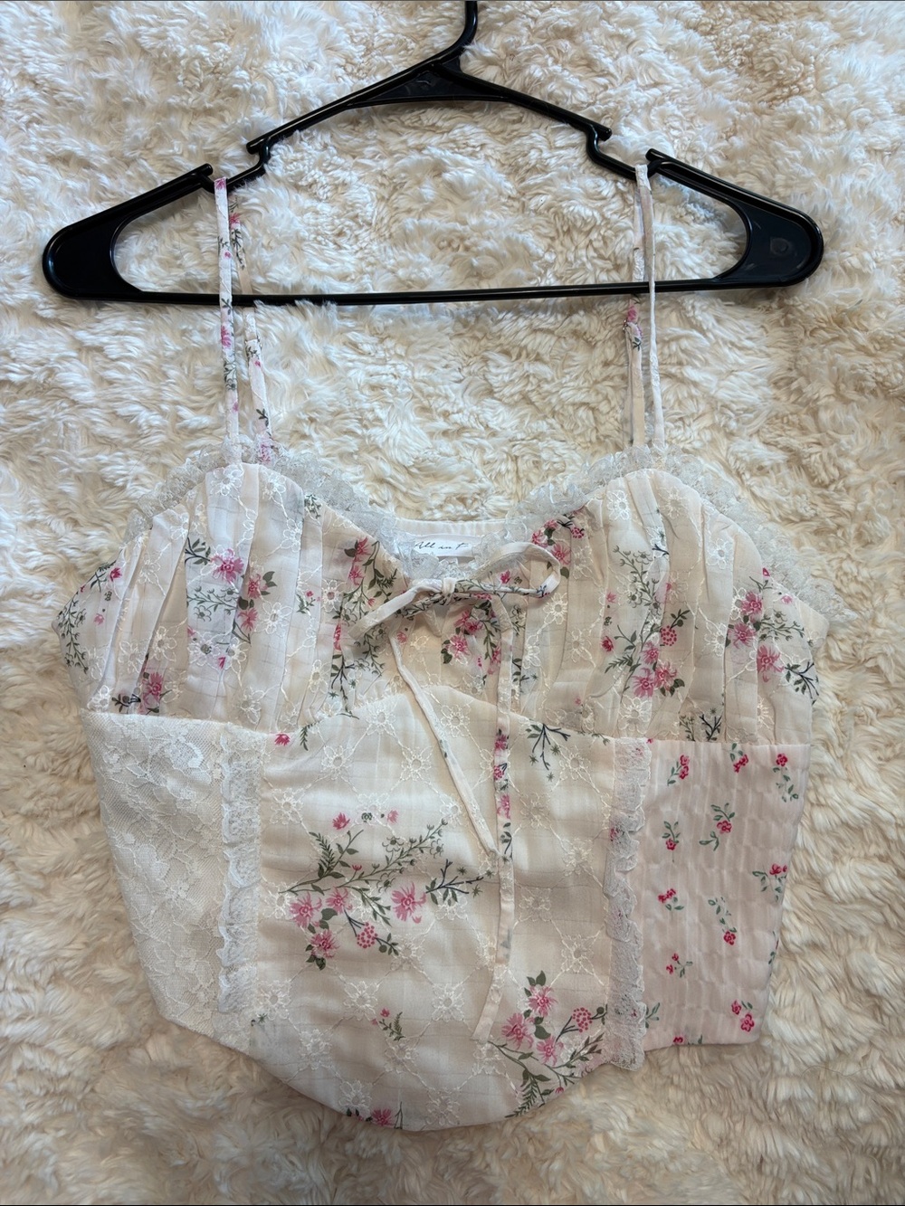 All in Favor Floral Lace-Trim Ivory Cami Crop Top
